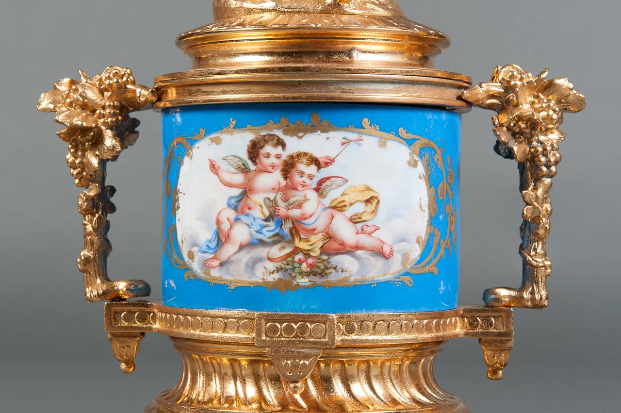 A Pair of 19th Century French Sevres Style & Gilt Bronze Porcelain Lidded Vases 5