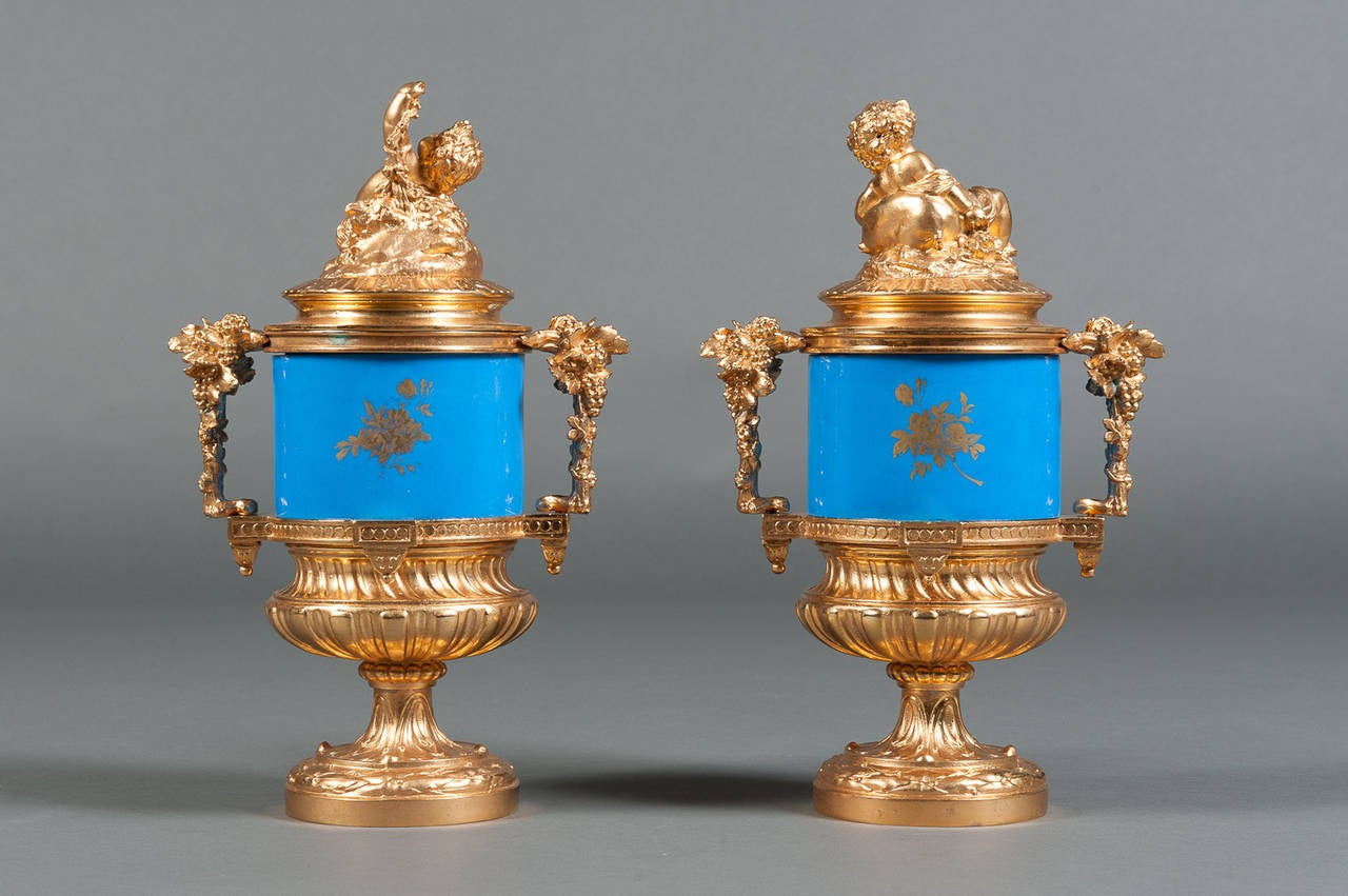 A Pair of 19th Century French Sevres Style & Gilt Bronze Porcelain Lidded Vases 2