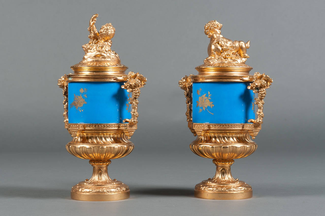 A Pair of 19th Century French Sevres Style & Gilt Bronze Porcelain Lidded Vases 1