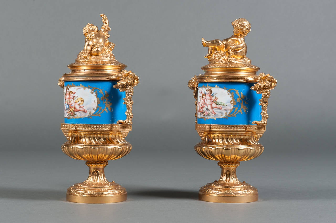 A Pair of 19th Century French Sevres Style & Gilt Bronze Porcelain Lidded Vases 3