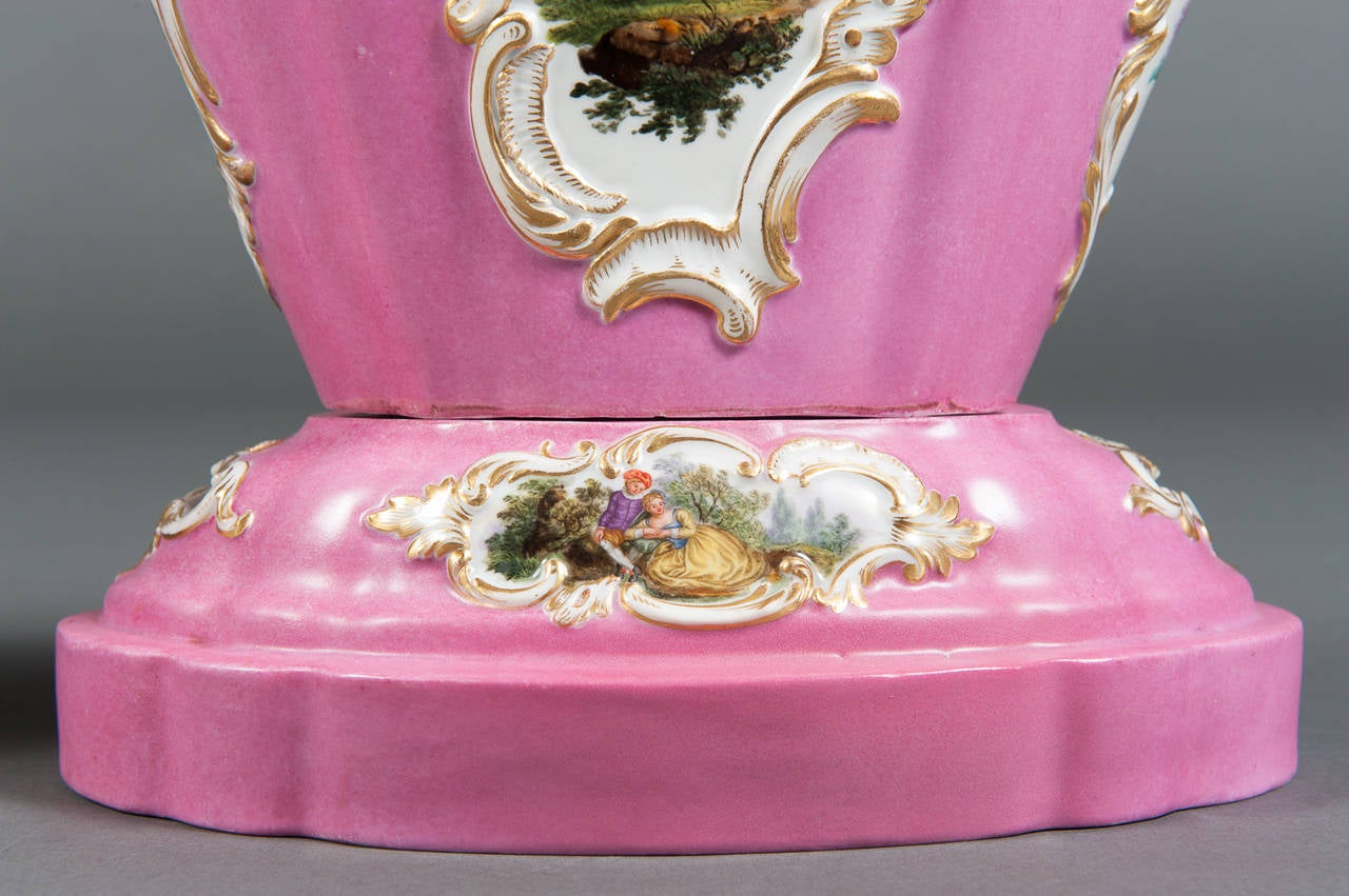 A Pair of 19th Century Pink Ground Meissen Porcelain Cachepots on Bases 2