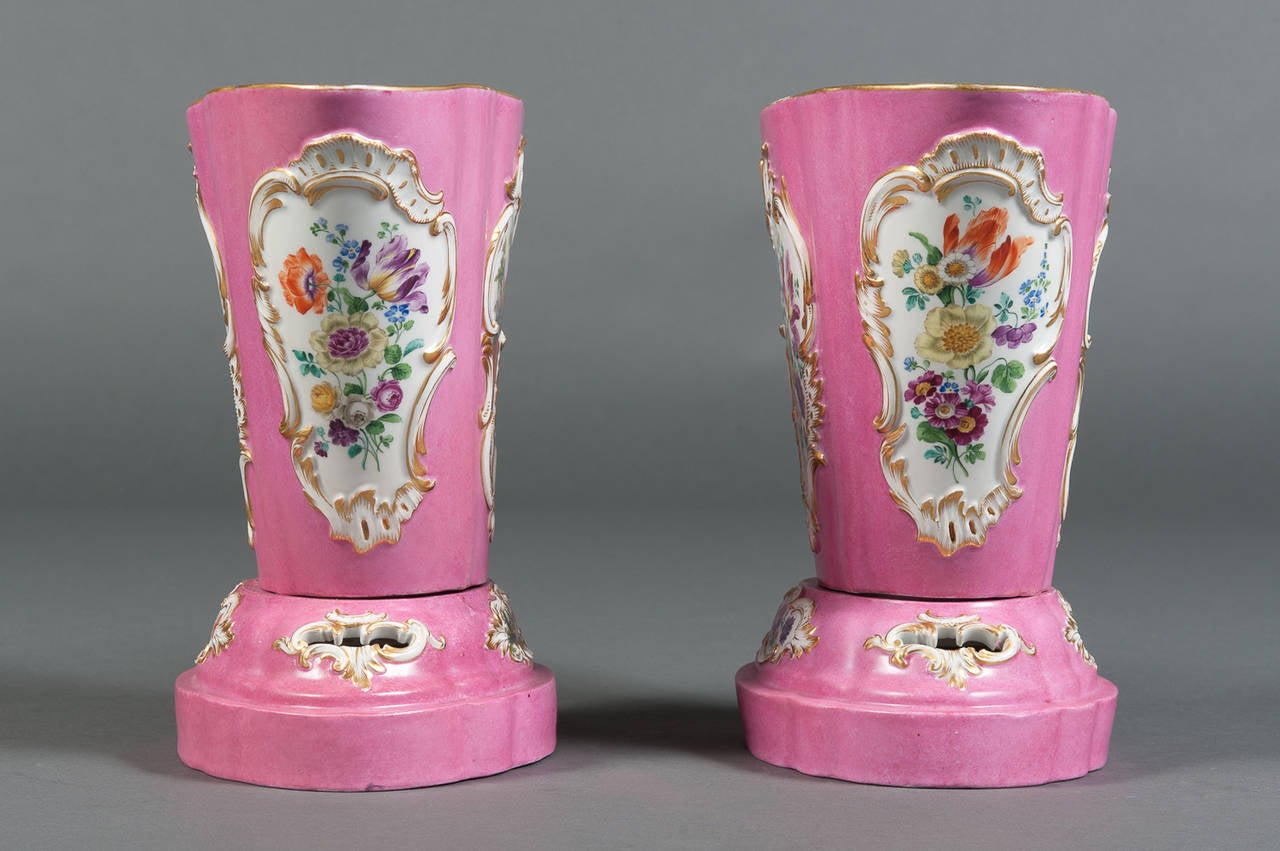 German A Pair of 19th Century Pink Ground Meissen Porcelain Cachepots on Bases