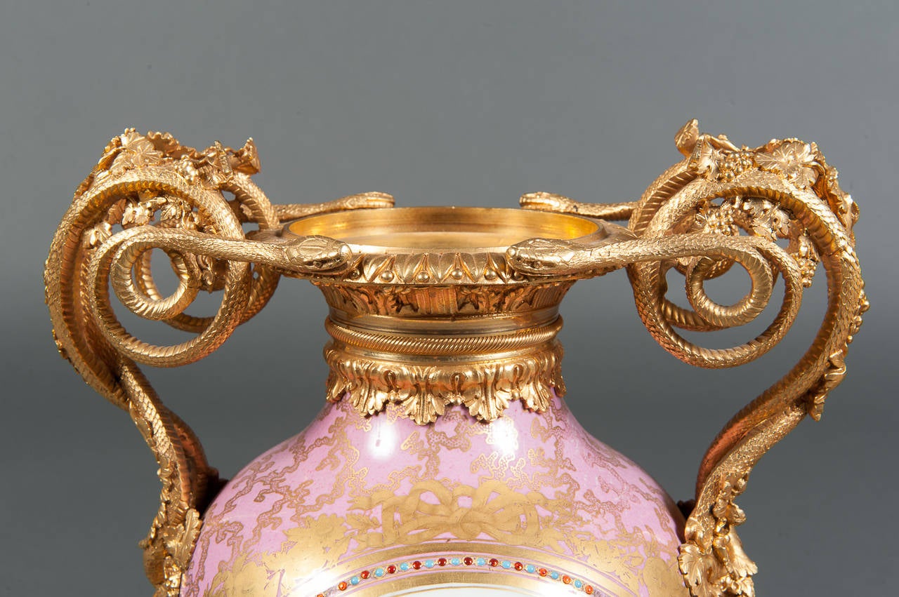19th Century A Pair of French Sevres Porcelain Gilt Bronze Mounted & Jeweled Vases