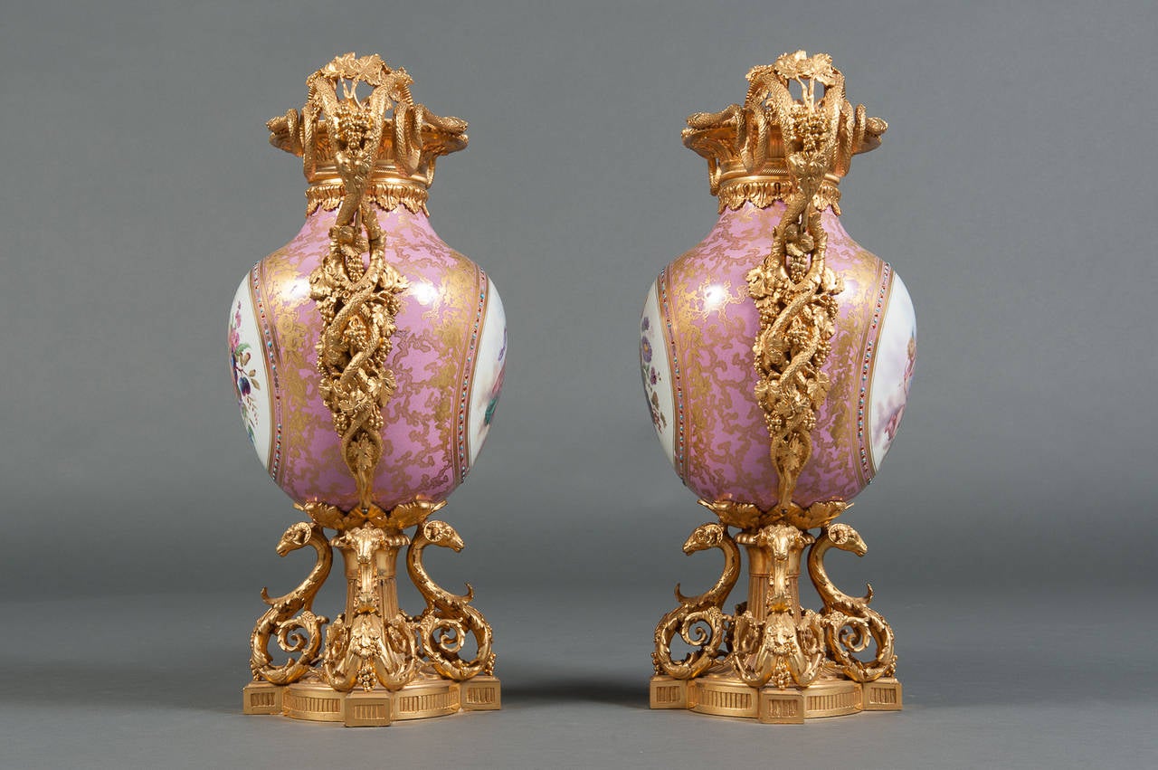 A Pair of French Sevres Porcelain Gilt Bronze Mounted & Jeweled Vases 1