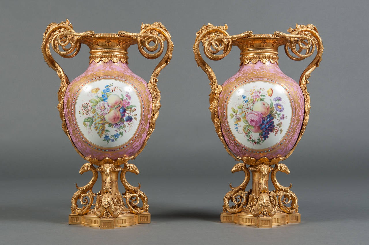 A Pair of French Sevres Porcelain Gilt Bronze Mounted & Jeweled Vases 2