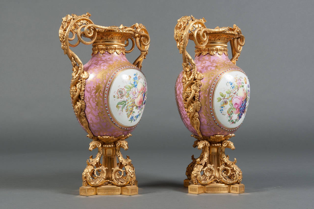 A Pair of French Sevres Porcelain Gilt Bronze Mounted & Jeweled Vases 3