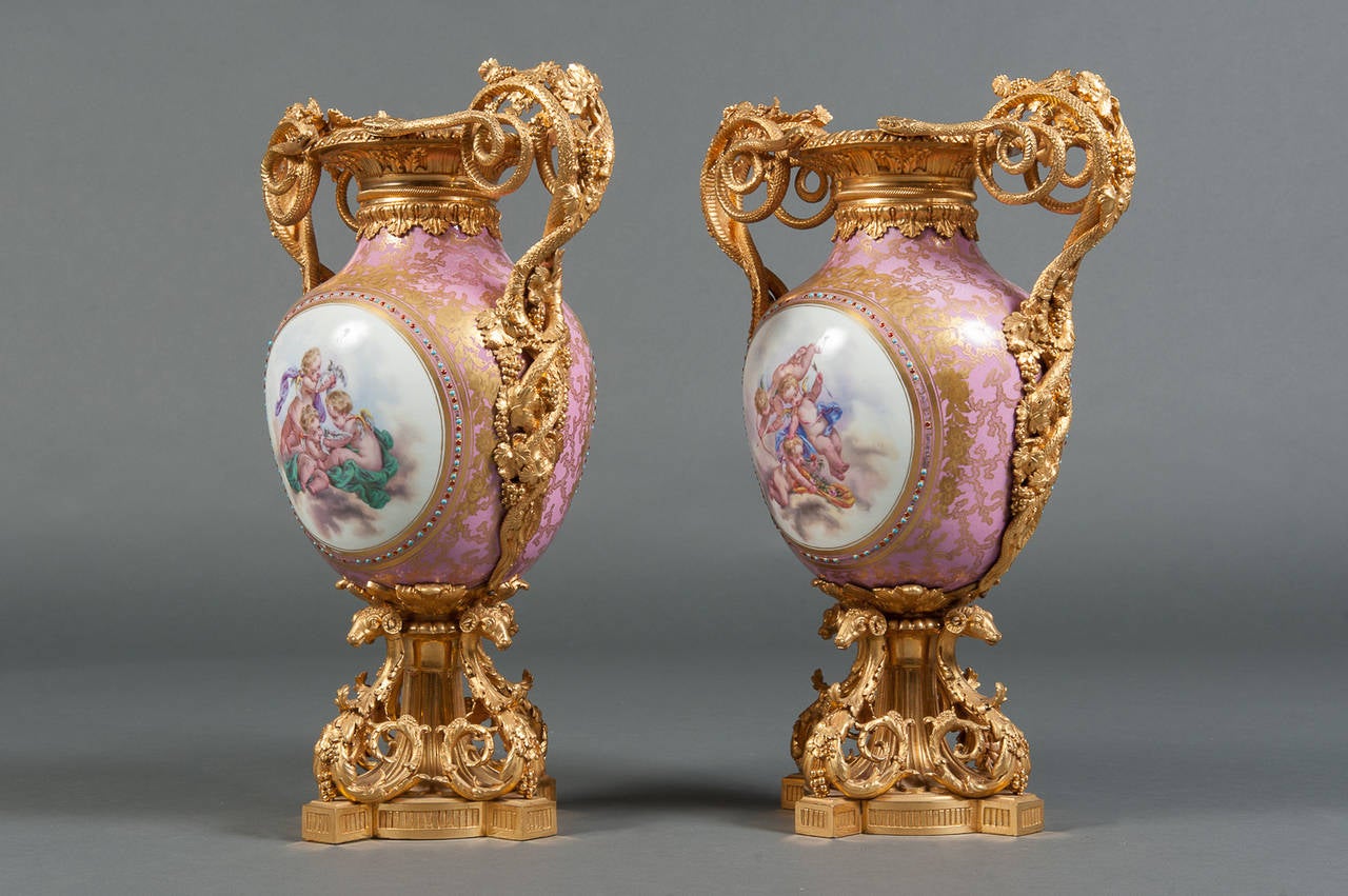 A Pair of French Sevres Porcelain Gilt Bronze Mounted & Jeweled Vases 4