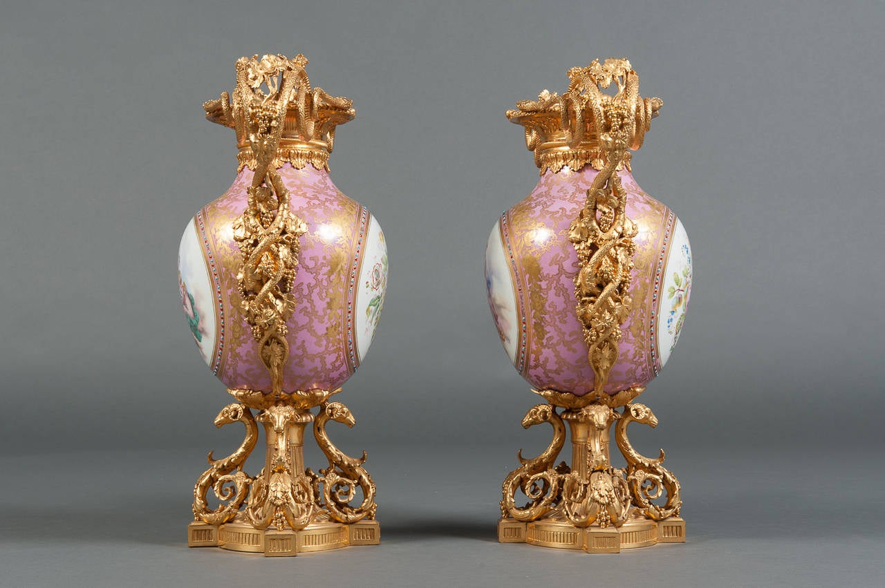 A Pair of French Sevres Porcelain Gilt Bronze Mounted & Jeweled Vases 5
