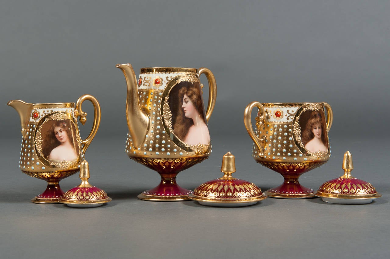 Three-Piece Dresden Hand-Painted Jeweled Coffee Set Depicting Three Beauties 3