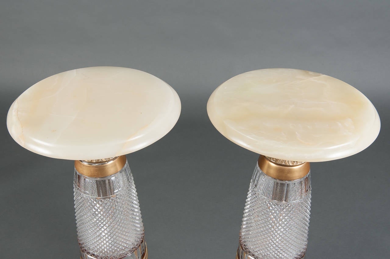 A Pair of Early 20th Century Baccarat Style Cut Crystal & Marble Pedestals 3