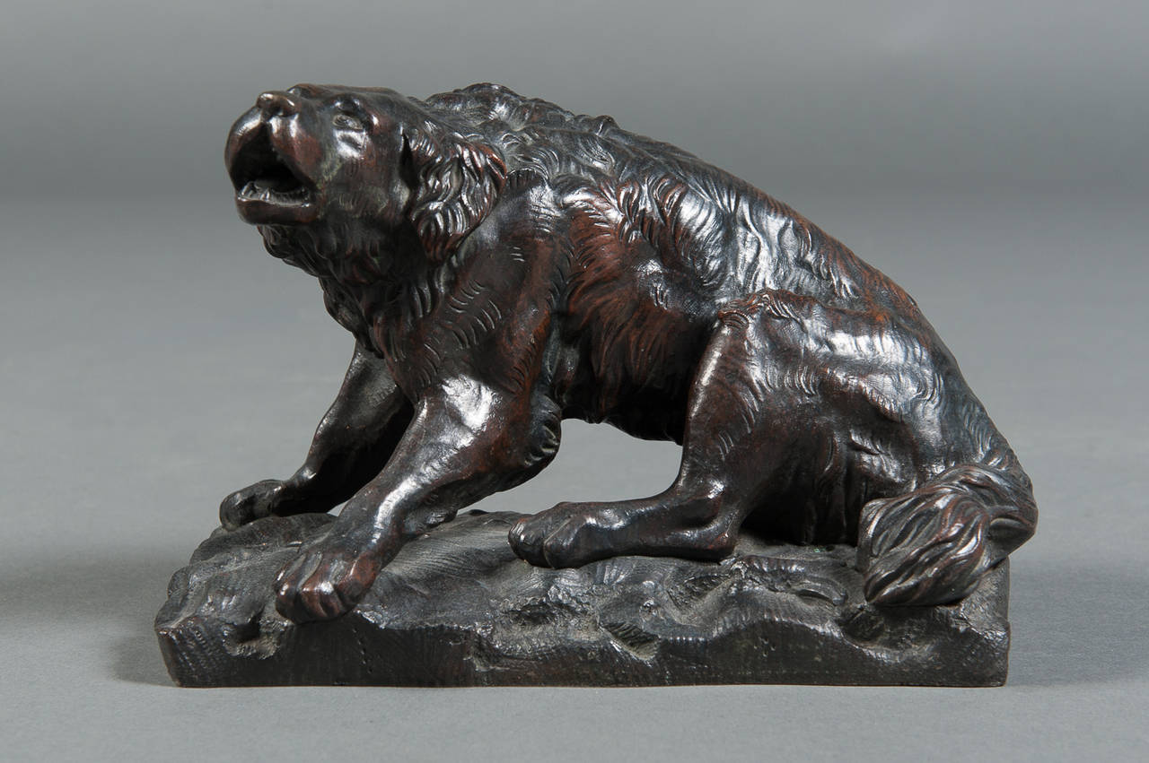 19th Century A Pair of French Patinated Bronze Wild Dogs by A. Barye Barbedienne Foundry
