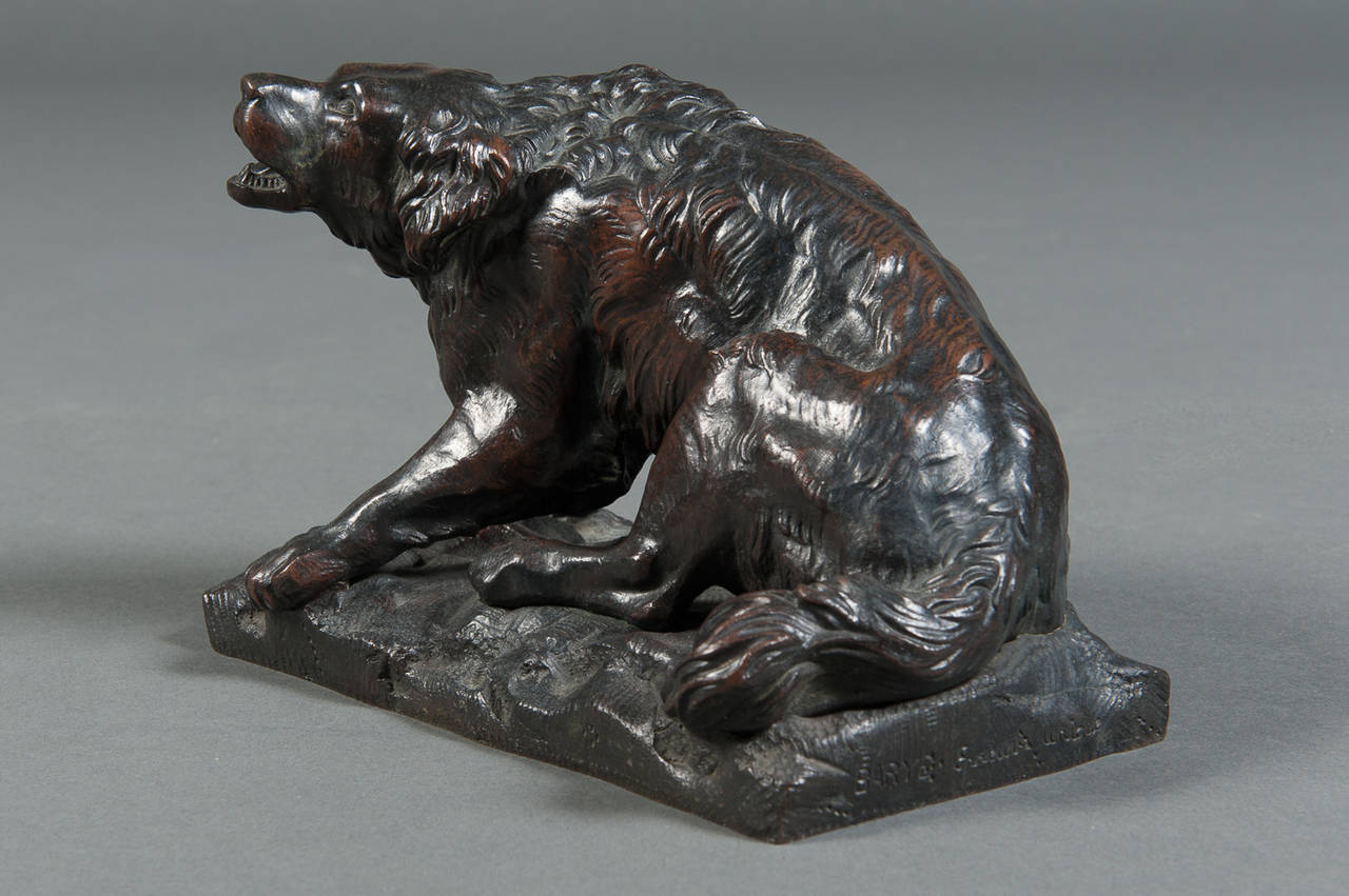 A Pair of French Patinated Bronze Wild Dogs by A. Barye Barbedienne Foundry 1