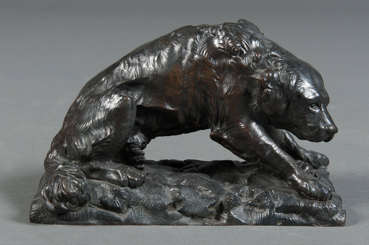 A Pair of French Patinated Bronze Wild Dogs by A. Barye Barbedienne Foundry In Excellent Condition In Los Angeles, CA