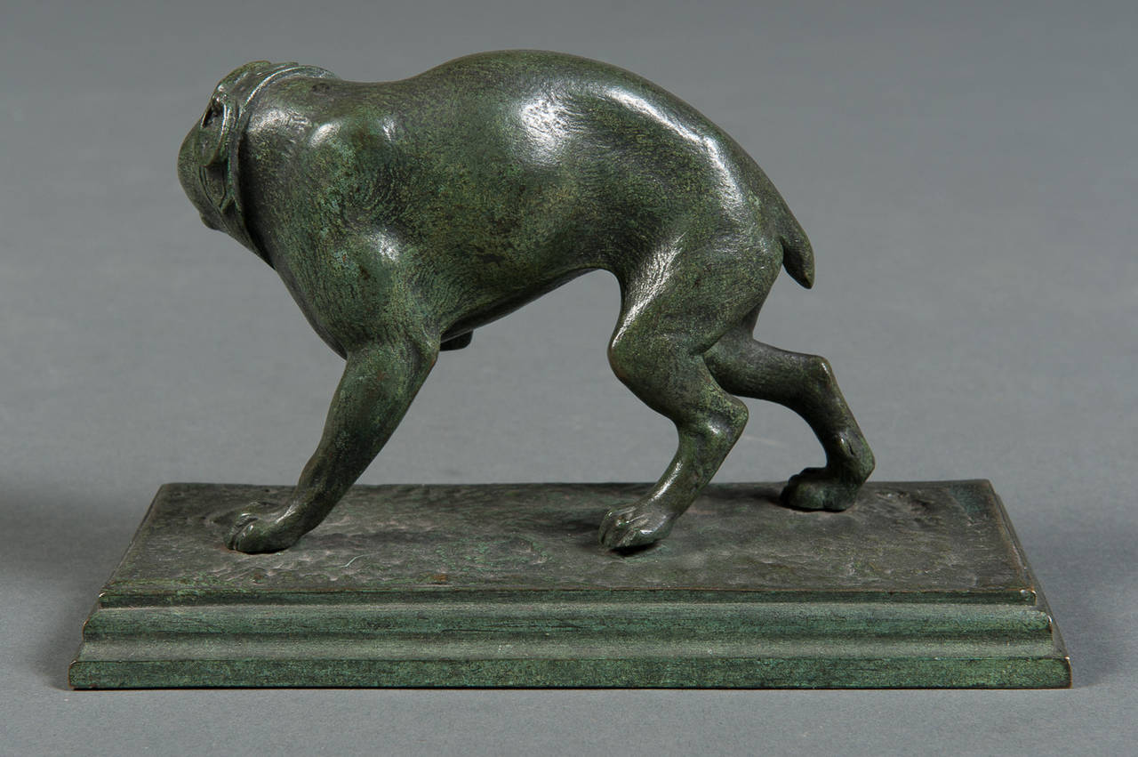 A French Antique Green Patinated Dog after Antoine Barye 1