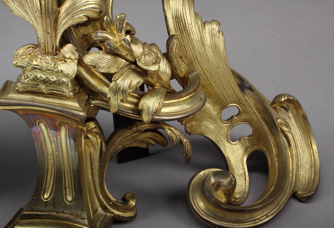 Pair of Late 19th Century French Rococo Style Gilt Bronze Fireplace Chenets For Sale 1