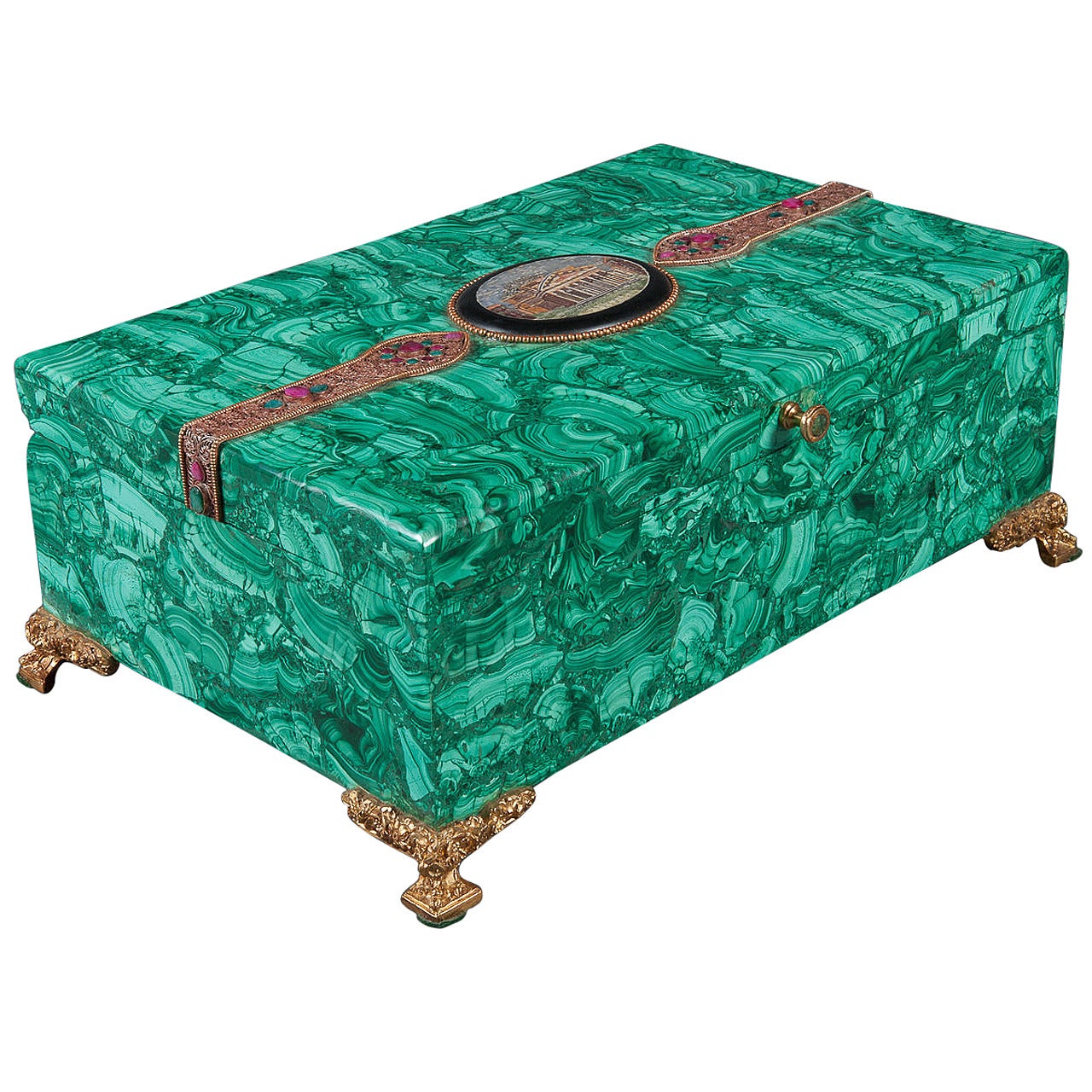 Large Russian Malachite Gilt Bronze and Micro Mosaic Box Hinged Box