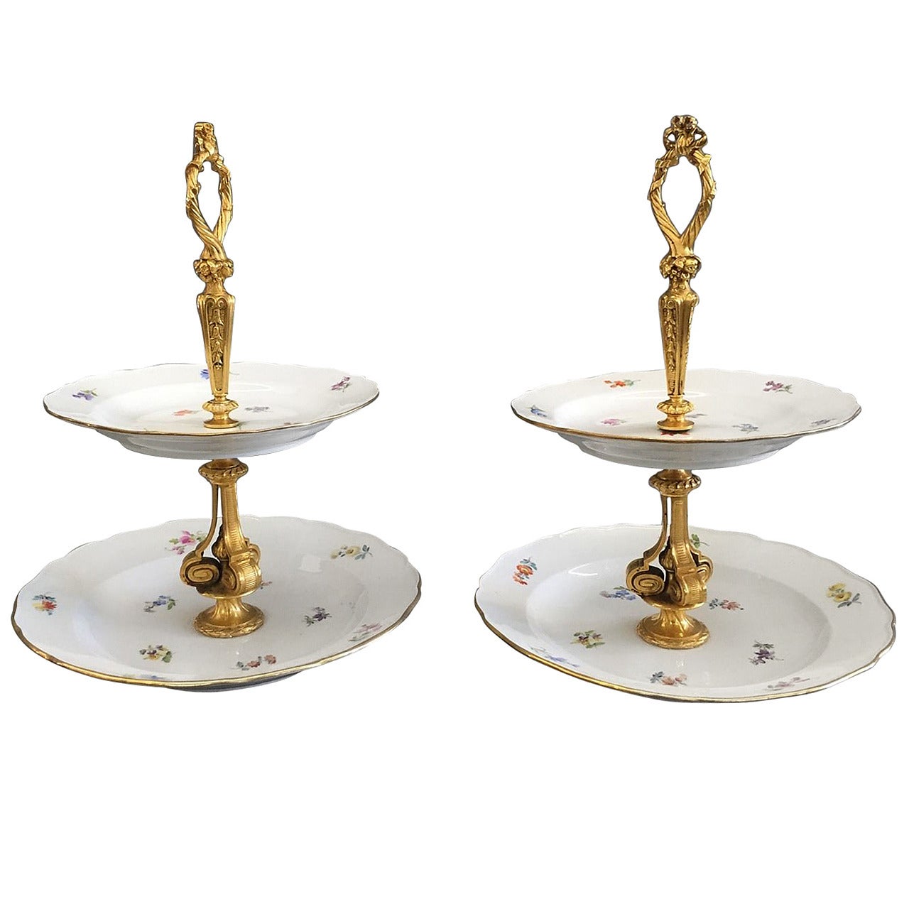 Pair of 19th Century Meissen Porcelain Two-Tier Dessert Dishes with Gilt Bronze For Sale