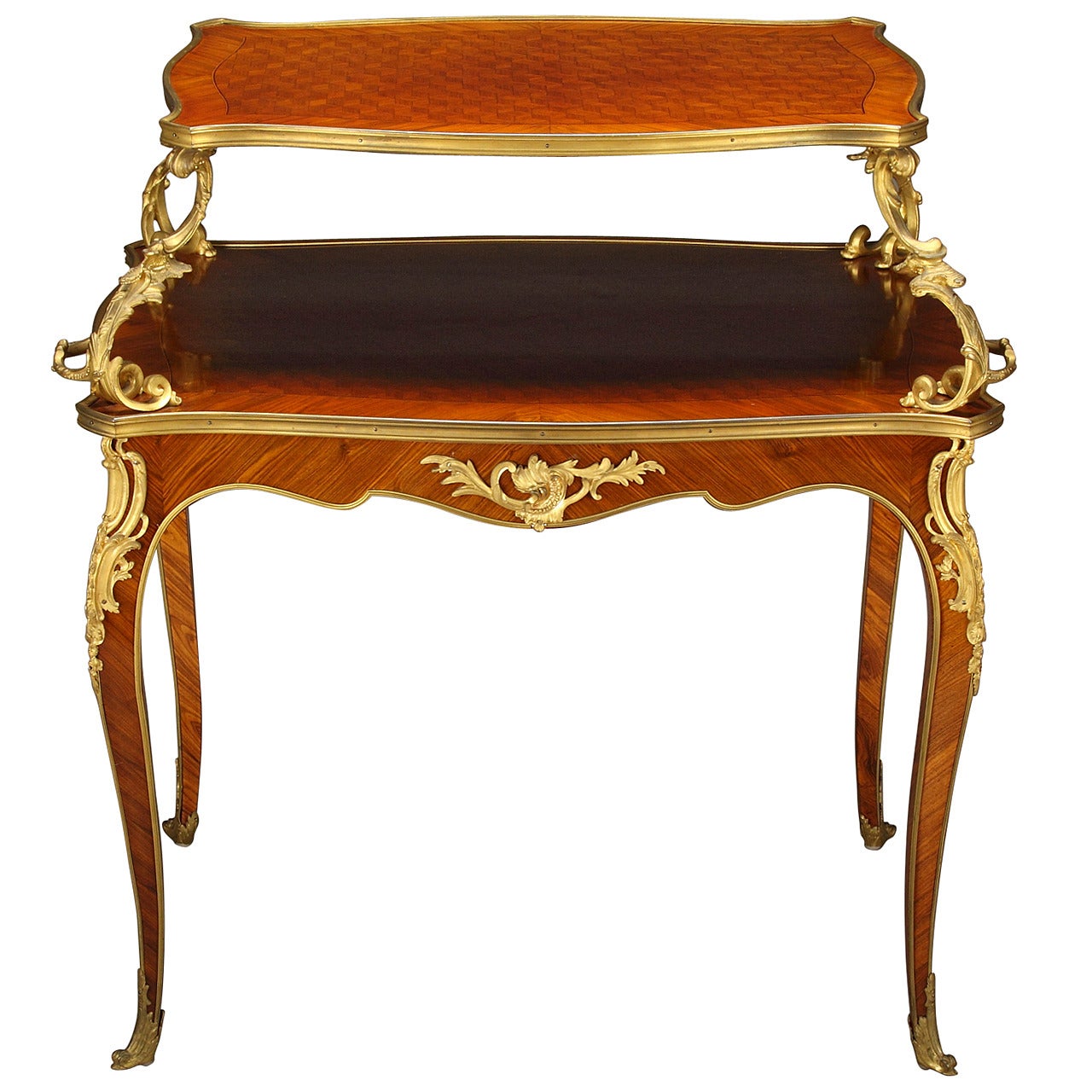 French Gilt Bronze Mounted Parquetry Two-Tier Tea Table For Sale