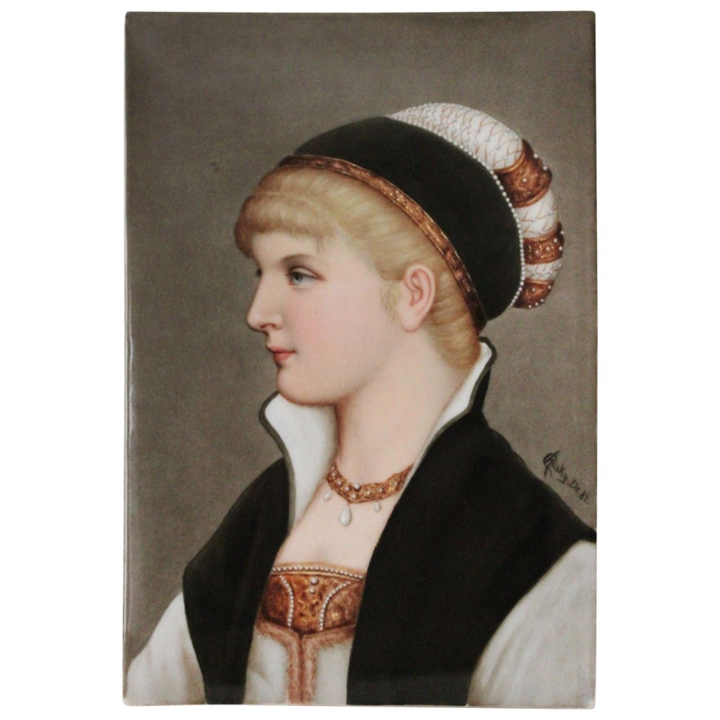 A Berlin K.P.M. Hand-Painted Porcelain Plaque of a Young Lady with a Hat