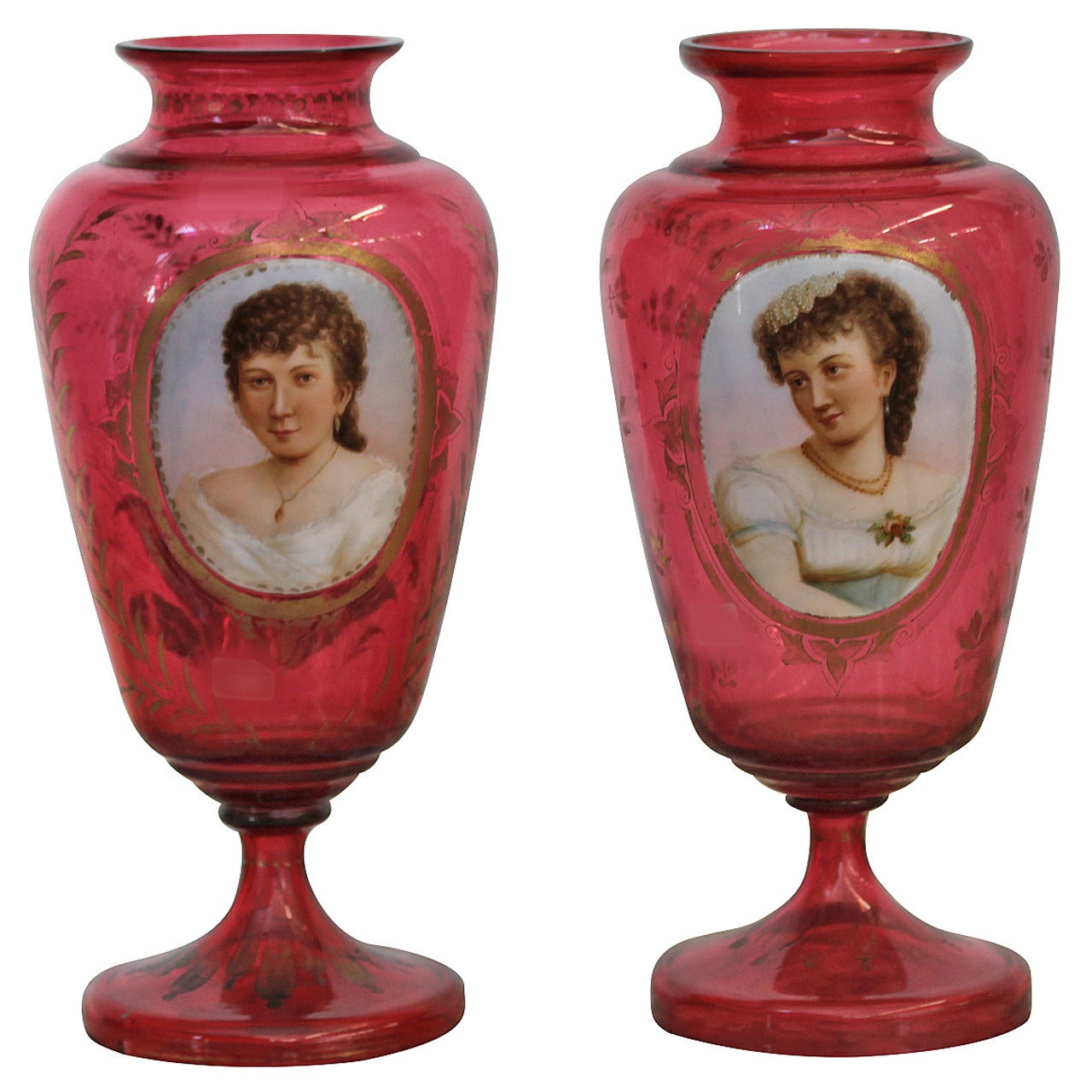 Pair of Bohemian Glass Portrait Vases For Sale