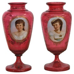 Antique Pair of Bohemian Glass Portrait Vases