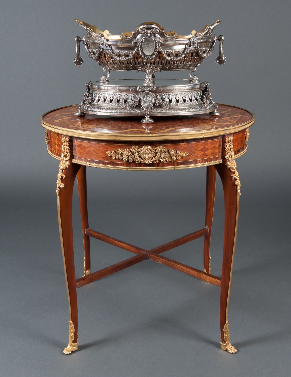 Bronze French Marquetry Center Table attributed to Francois Linke For Sale
