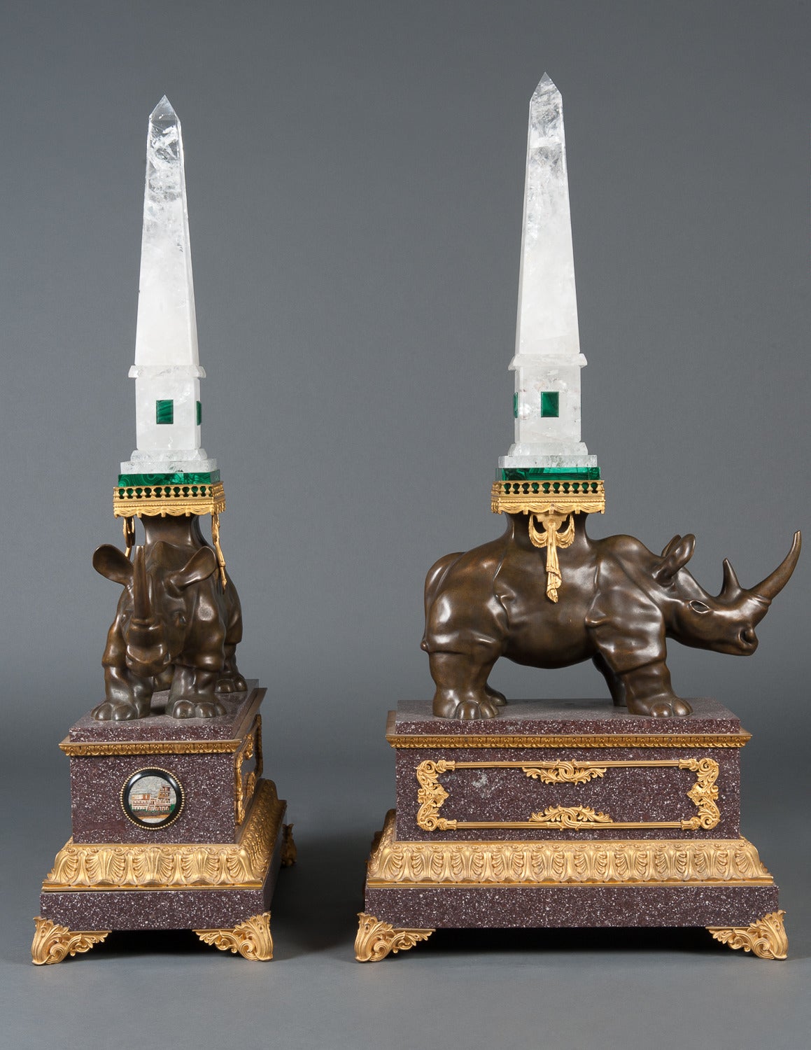 A Pair of Louis XVI Style Bronze Rhinoceros Figures with Rock Crystal Obelisks In Excellent Condition For Sale In Los Angeles, CA