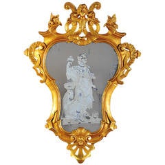 18th Century Italian Rococo Cartouche Form Giltwood Mirror with Figure of Women