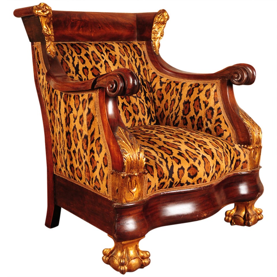 American Carved Mahogany Chair with Gilt Parcels and Leopard Upholstery, 1830