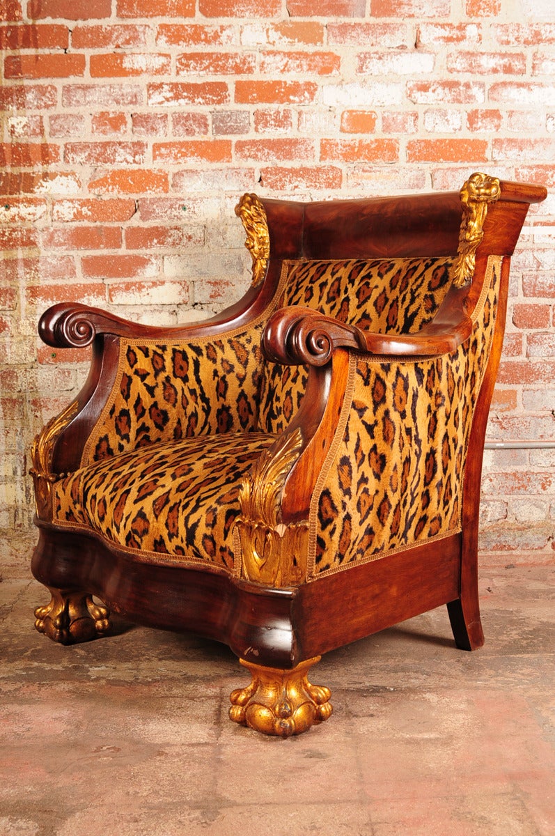 Wood American Carved Mahogany Chair with Gilt Parcels and Leopard Upholstery, 1830