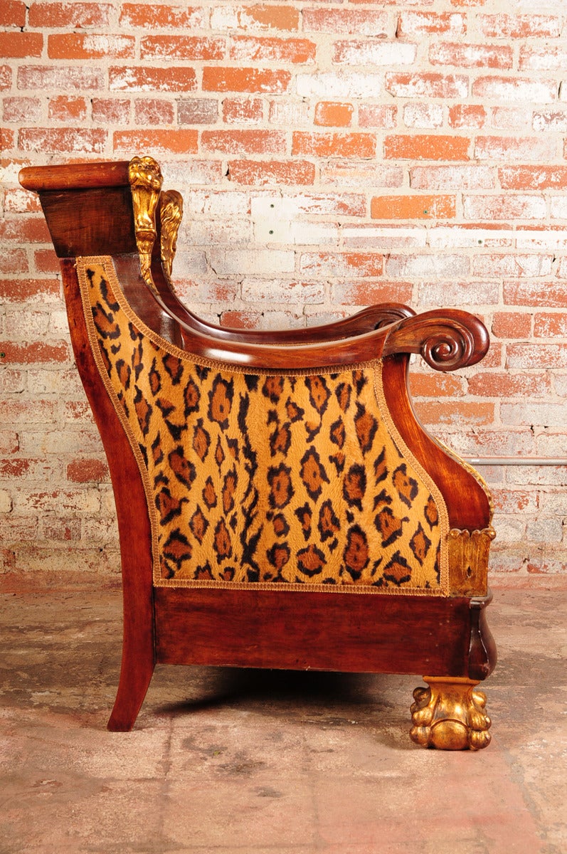 American Empire American Carved Mahogany Chair with Gilt Parcels and Leopard Upholstery, 1830