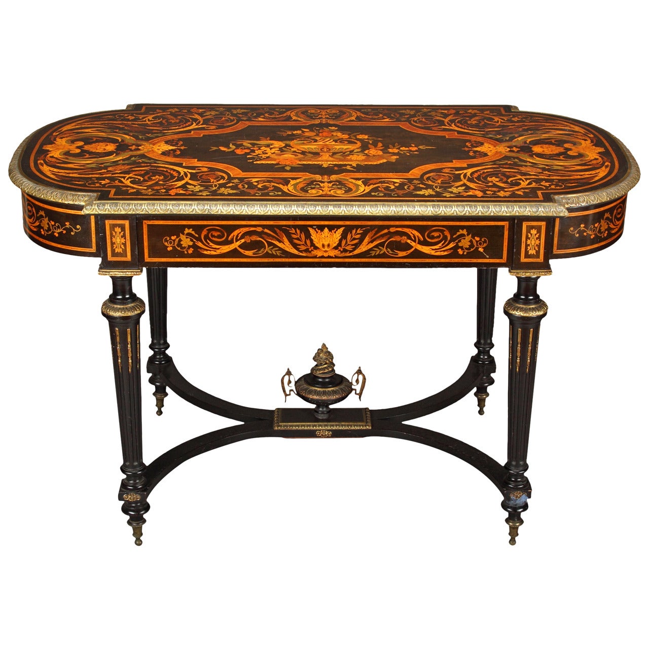 New York Neo-Grec Marquetry Inlay Bronze Mounted Ebonized Table For Sale