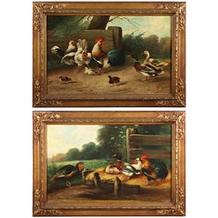 A Pair of 19 Century French Oil on Canvas Paintings Depicting chickens and ducks