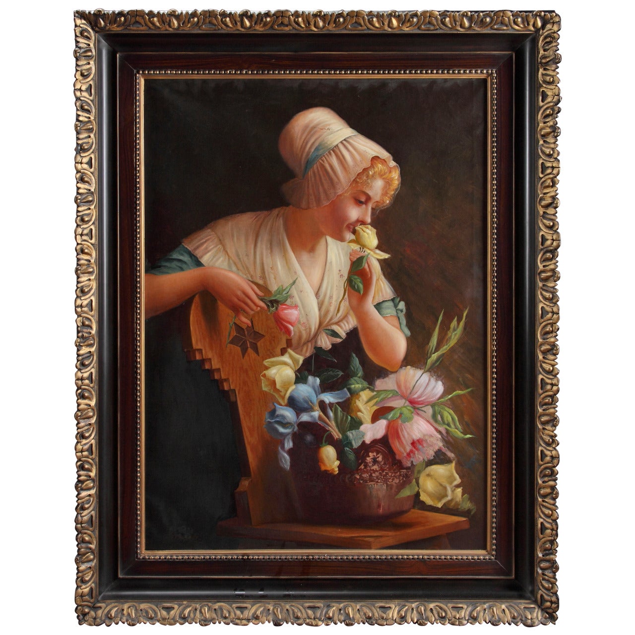 Italian Portrait of a smiling Lady with a Basket of flowers For Sale at  1stDibs