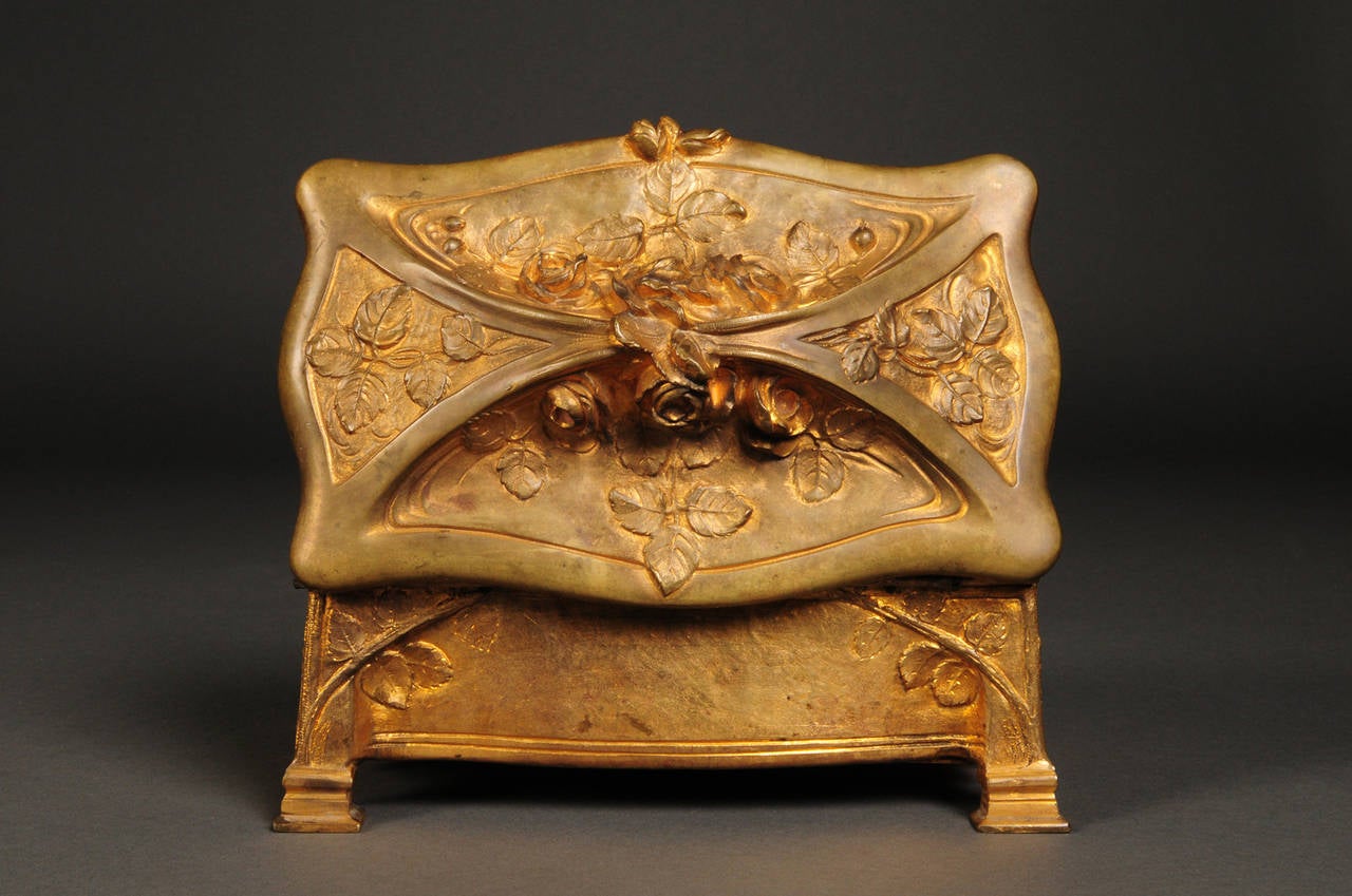 19th Century A French Gilt Bronze Jewelry Casket with Red Interior For Sale