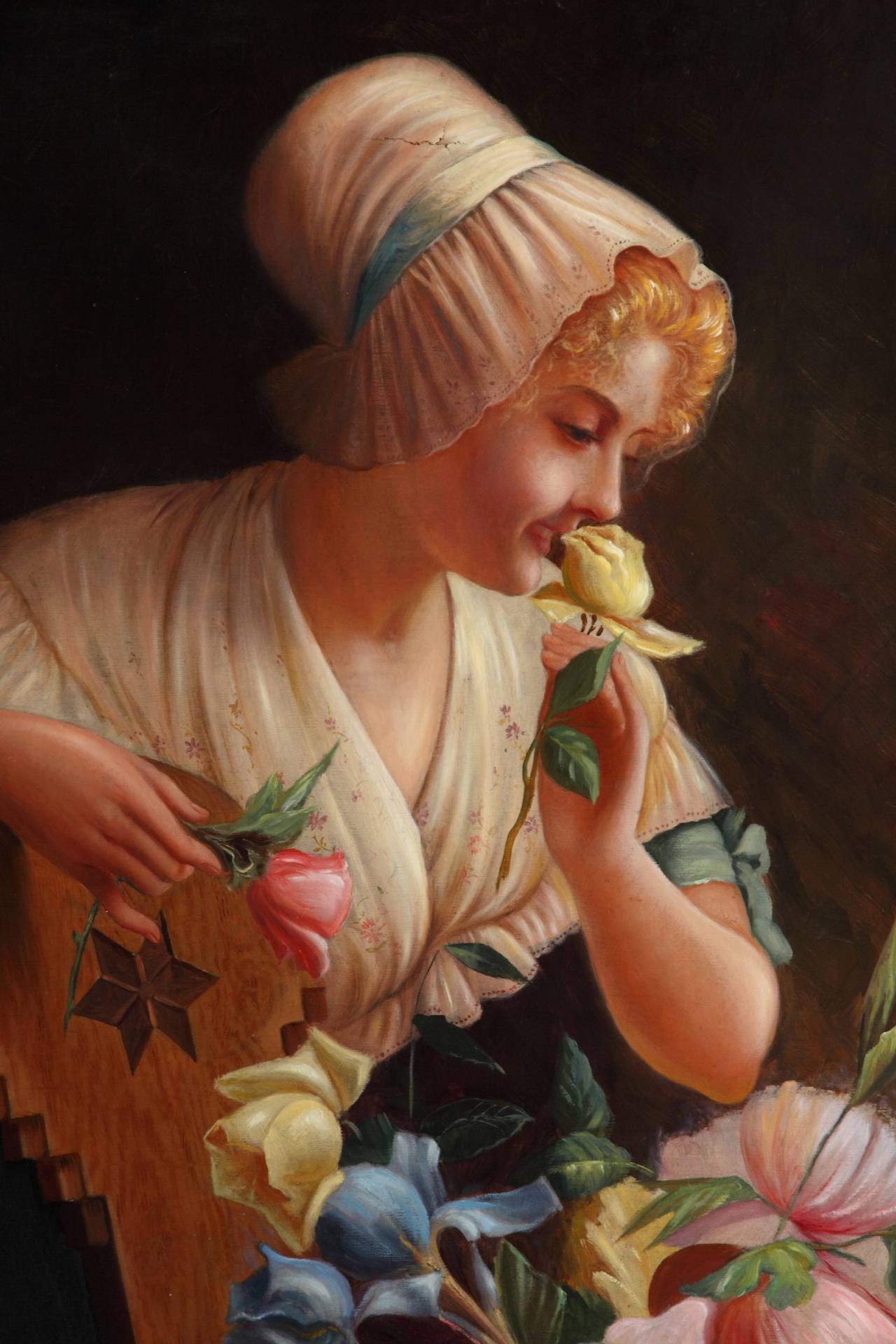 italienisches Ölgemälde auf Leinwand aus dem 19. Jahrhundert, das eine lächelnde Dame mit einer Haube und einem Blumenkorb in einem geschnitzten Holzrahmen zeigt.

Unterschrieben: Coronelli

Abmessungen
Gerahmt: 38
