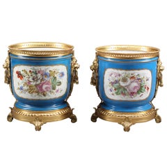 Pair of French Sevres Style Hand-Painted Porcelain Gilt Bronze Mounted Planters