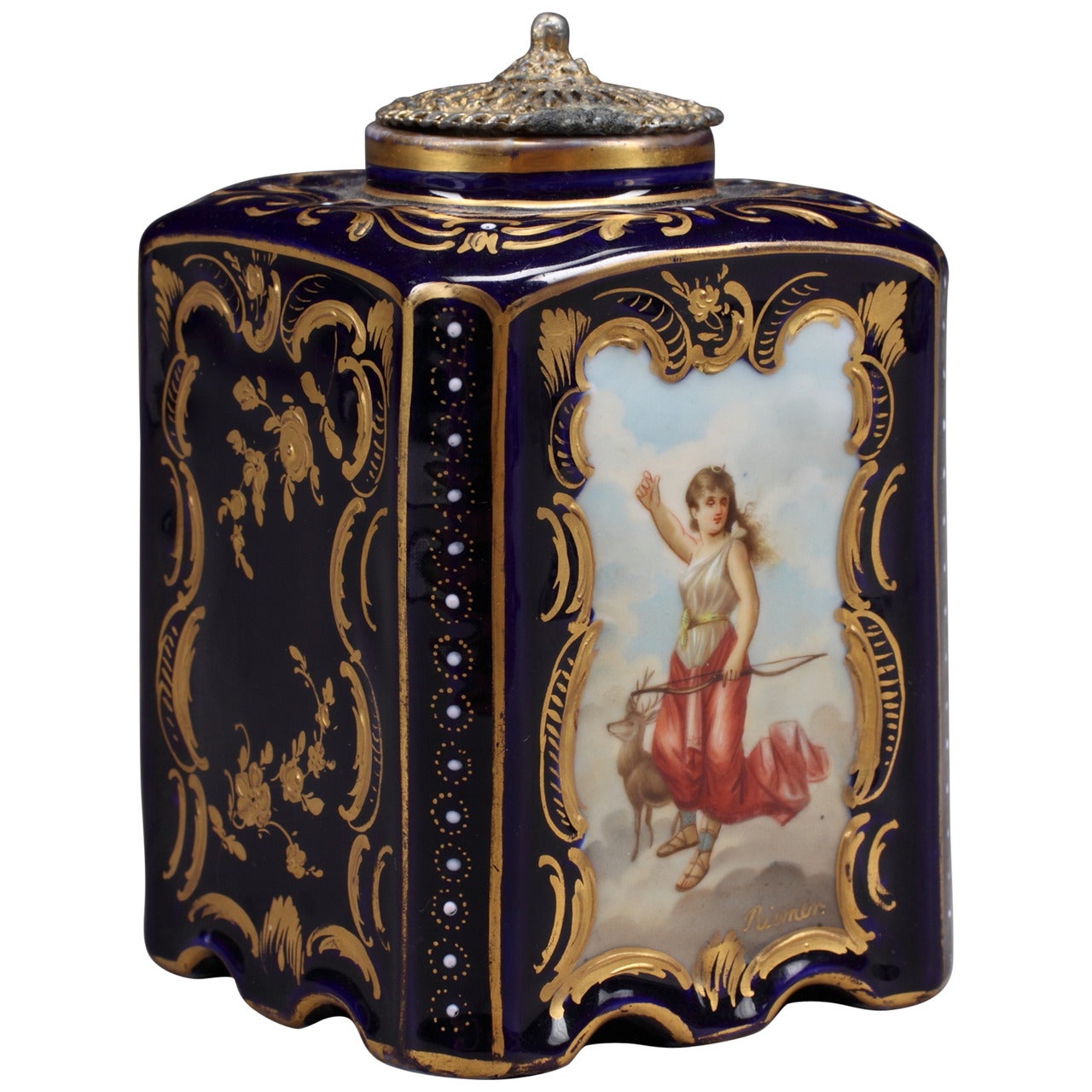 Austrian Royal Vienna Style Hand-Painted Lidded Jar of Diana the Huntress For Sale
