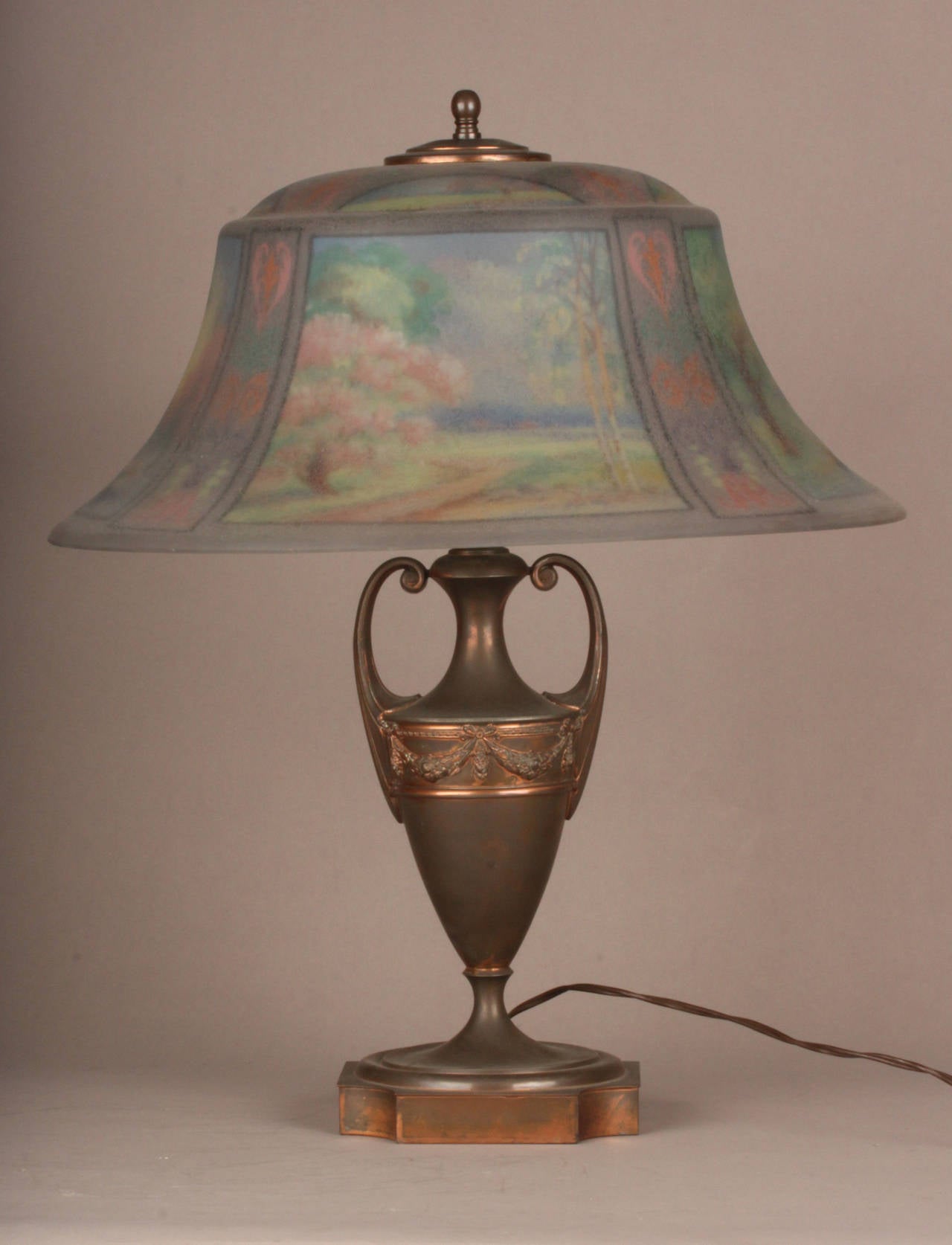American Pairpoint Reverse Painted Art Nouveau Lamp Depicting the Four Seasons