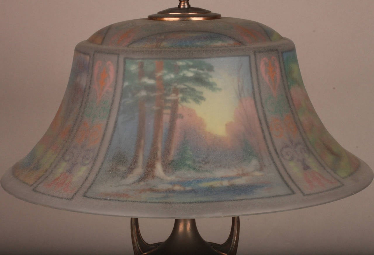 Pairpoint Reverse Painted Art Nouveau Lamp Depicting the Four Seasons In Good Condition In Los Angeles, CA
