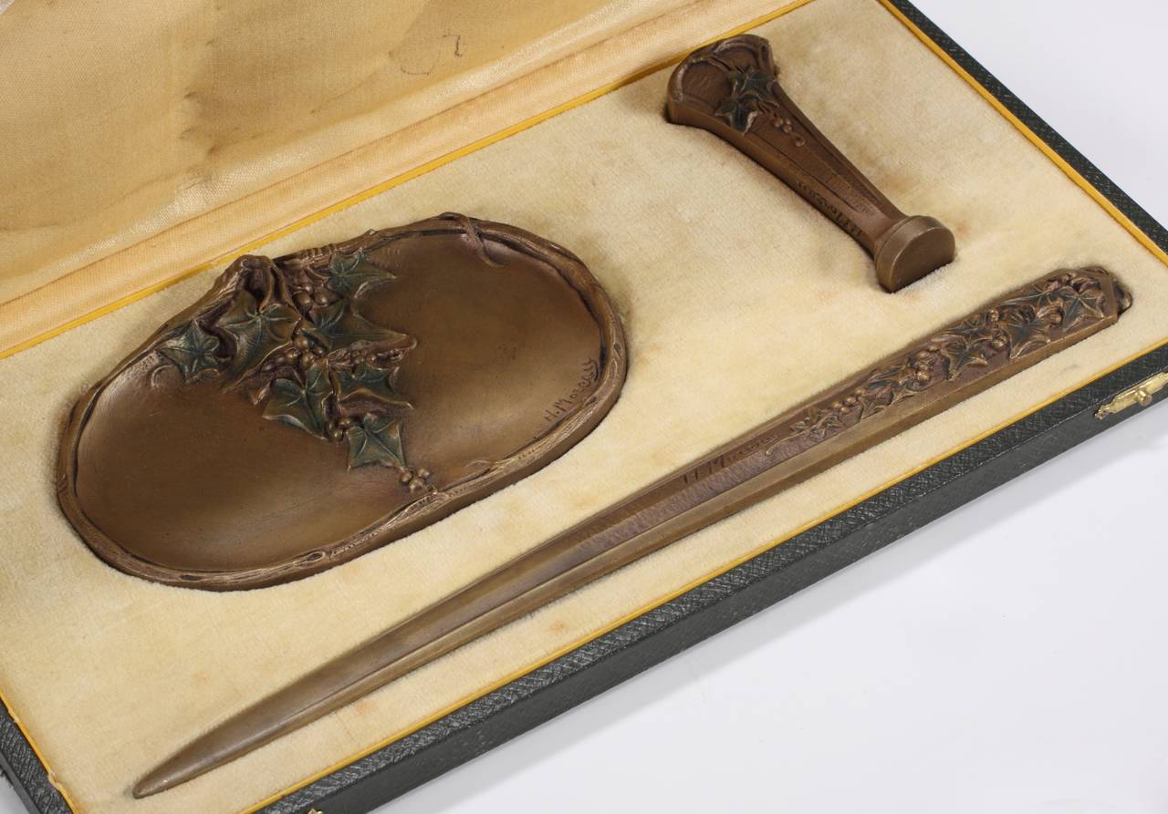A French Hand Crafted Letter Kit with Stamp, Letter opener, and paper weight with Original Box

France, Circa 1900
 
Signed: H. Moreau
 
Letter Ppener: 9.75