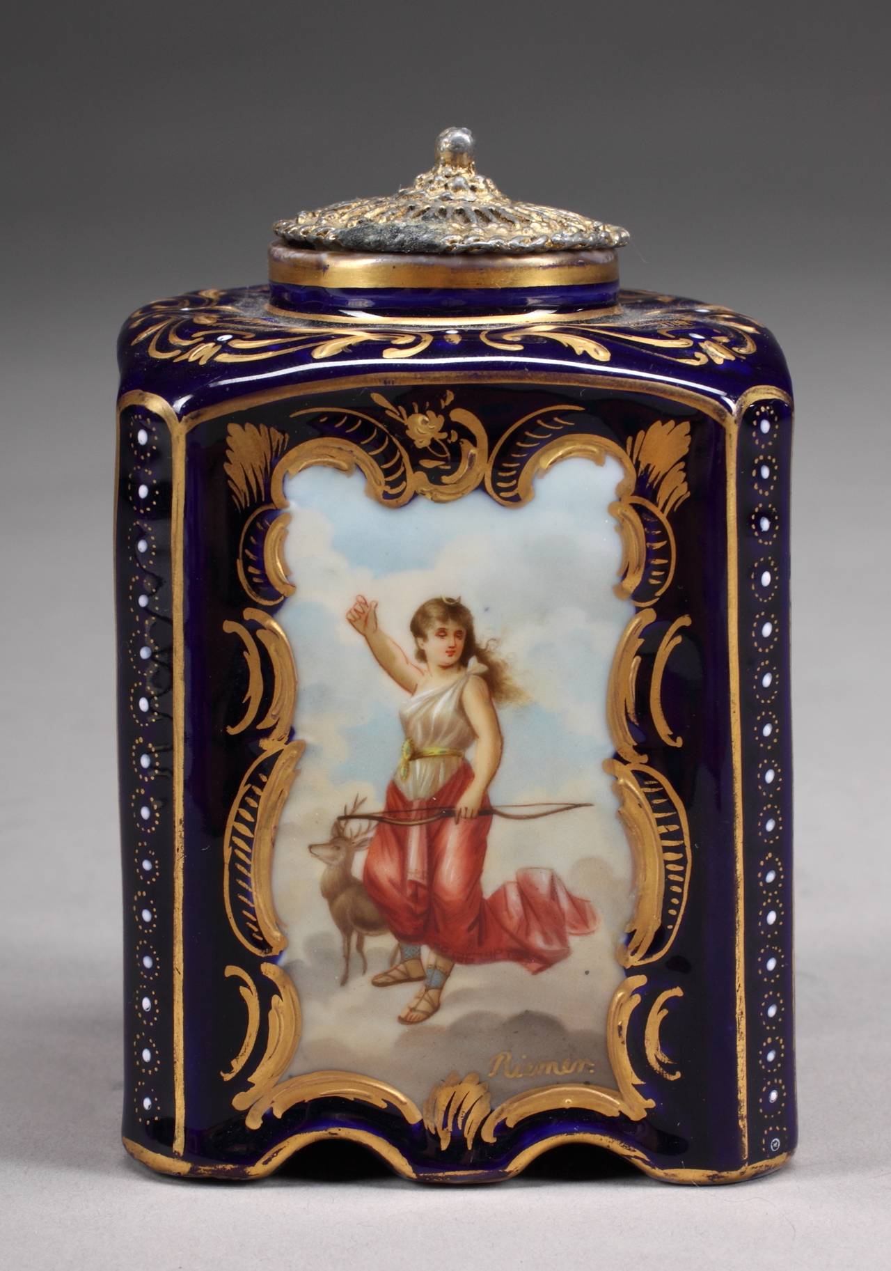 20th Century Austrian Royal Vienna Style Hand-Painted Lidded Jar of Diana the Huntress For Sale