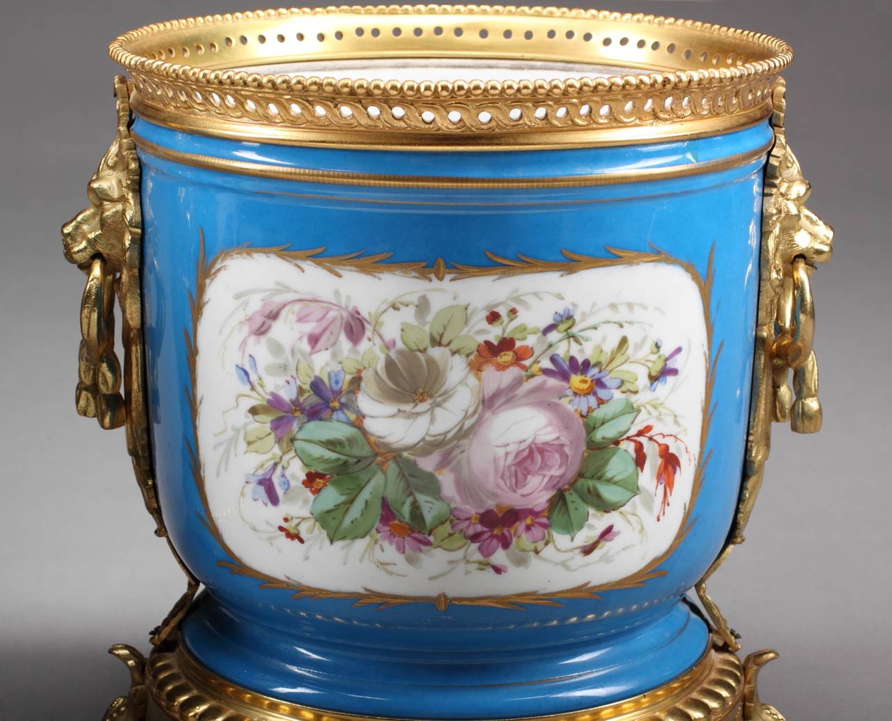 19th Century Pair of French Sevres Style Hand-Painted Porcelain Gilt Bronze Mounted Planters