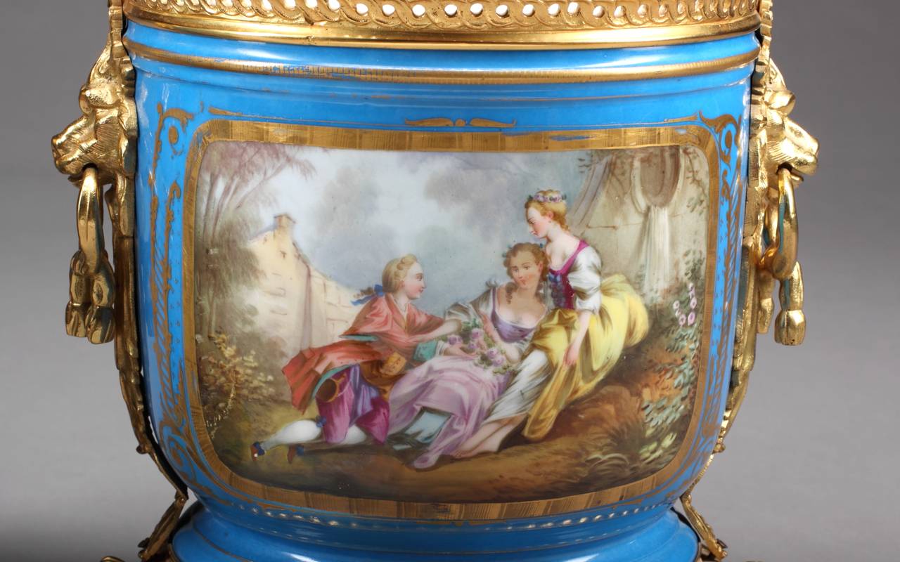 Pair of French Sevres Style Hand-Painted Porcelain Gilt Bronze Mounted Planters In Excellent Condition In Los Angeles, CA