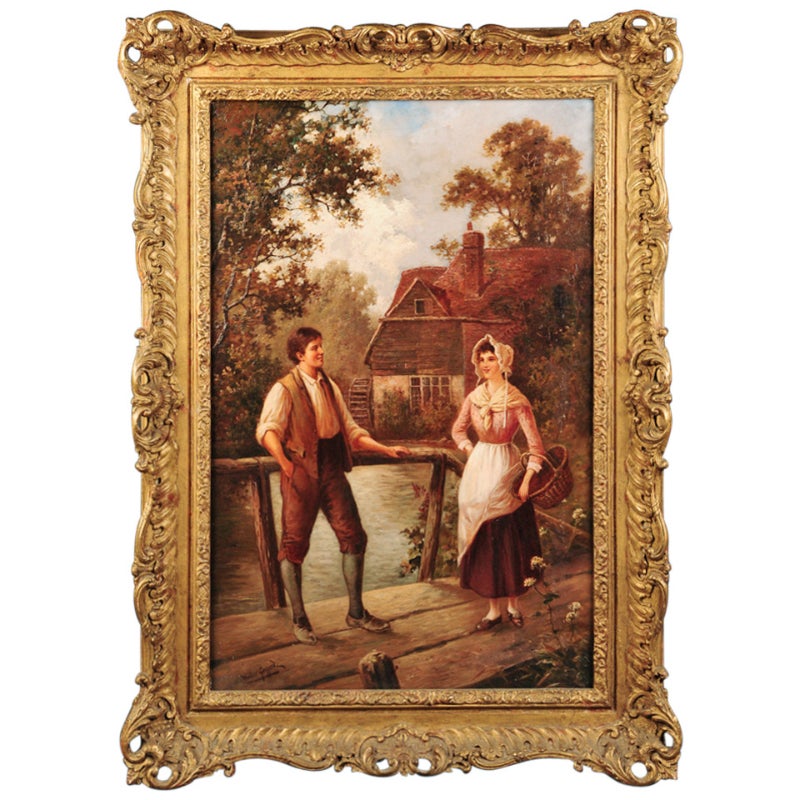 Ancienne huile sur toile anglaise représentant un noble homme et des femmes par W. Gozzard