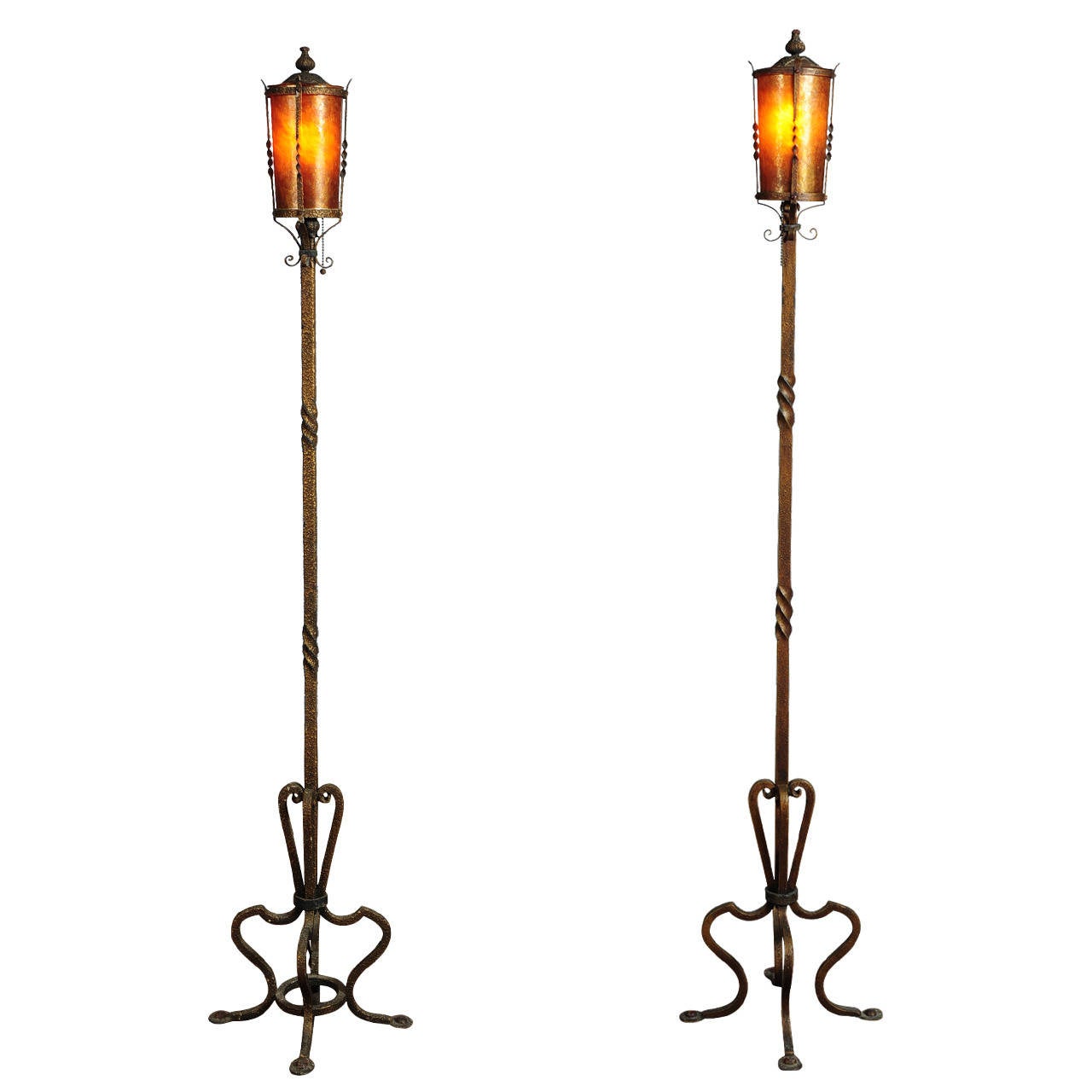 Pair of Spanish Torchiere Lamps with Mica Shades in the Style of Oscar