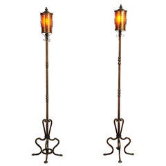 Antique Pair of Spanish Torchiere Lamps with Mica Shades in the Style of Oscar Bach