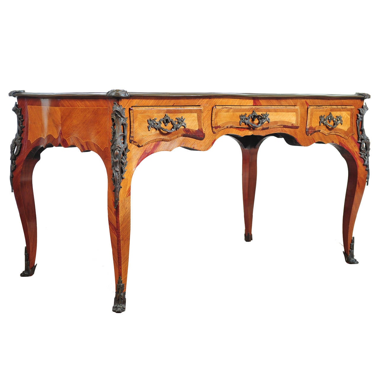 19th Century Louis XV French Writing Desk Bureau Plat with Leather Top