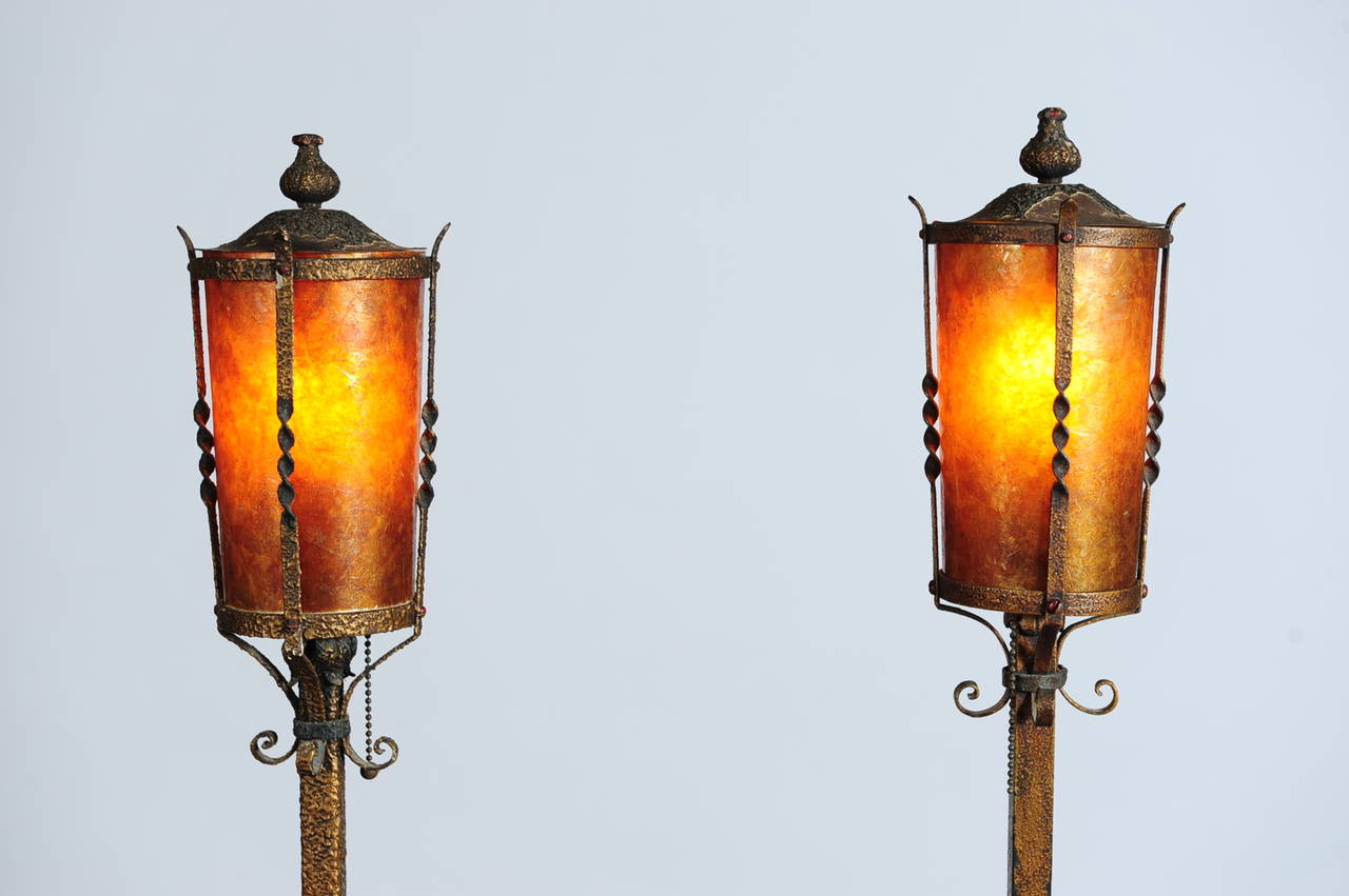 Pair of Spanish Torchiere Lamps with Mica Shades in the Style of Oscar Bach In Excellent Condition In Los Angeles, CA