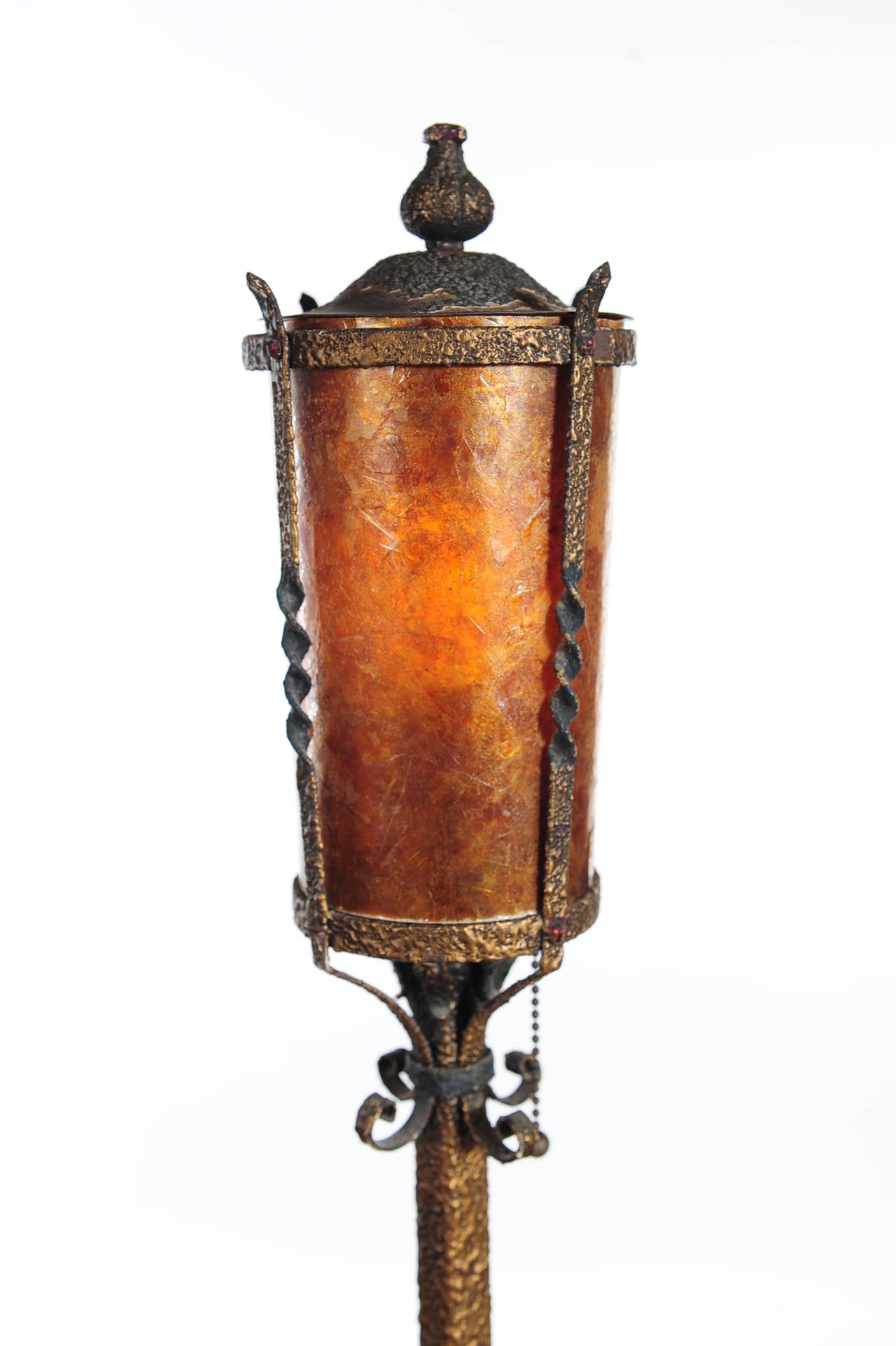 Early 20th Century Pair of Spanish Torchiere Lamps with Mica Shades in the Style of Oscar Bach